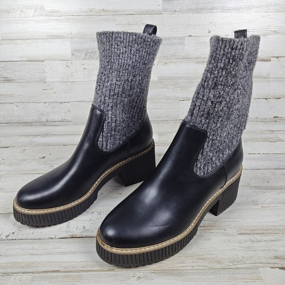 DV Dolce Vita Daynger Chunky Heel Boots Wmns Sz 9 Black Faux Leather Grey Knit